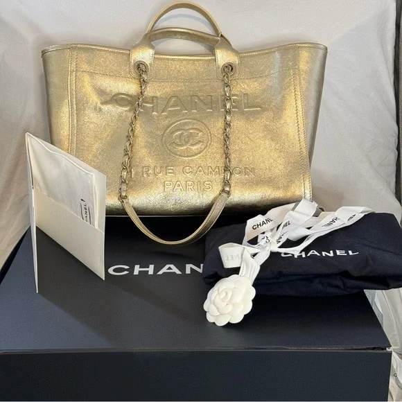 Limited Edition NWT Large Gold Calfskin Chanel Deauville Tote
